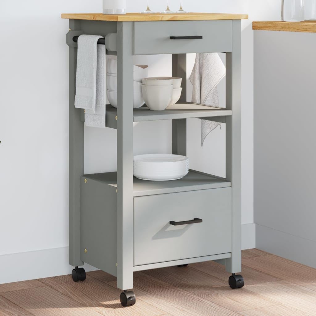 vidaXL Rolling Kitchen Trolley on Wheels - Solid Pine Wood with Ample Storage, Versatile Use for Kitchen/Bathroom/Living Room