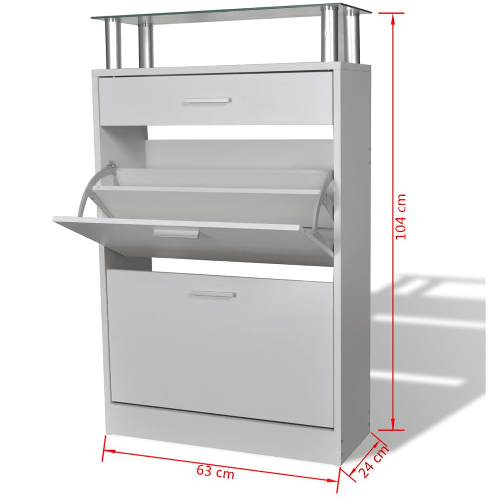 vidaXL Shoe Cabinet with a Drawer and a Top Glass Shelf Wood White