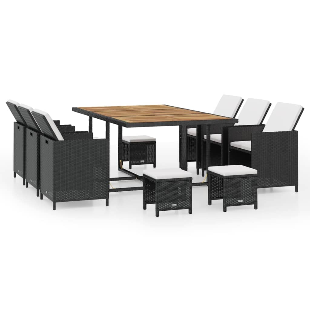 11 Piece Patio Dining Set Poly Rattan and Acacia Wood Black