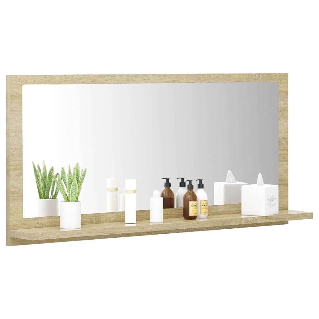 vidaXL Sonoma Oak Bathroom Mirror with Shelf - Modern Style, Engineered Wood and Acrylic, Easy to Clean, 31.5&quot;x4.1&quot;x14.6&quot; Dimension