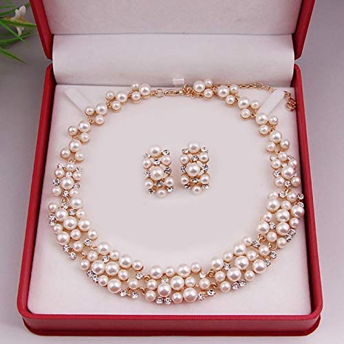 Ladaypoa Be Pearl Gold Plated Simple Elegant Bridal Necklace Earring Jewelry Sets Kit Gift Bp(Gold & White Pearls)