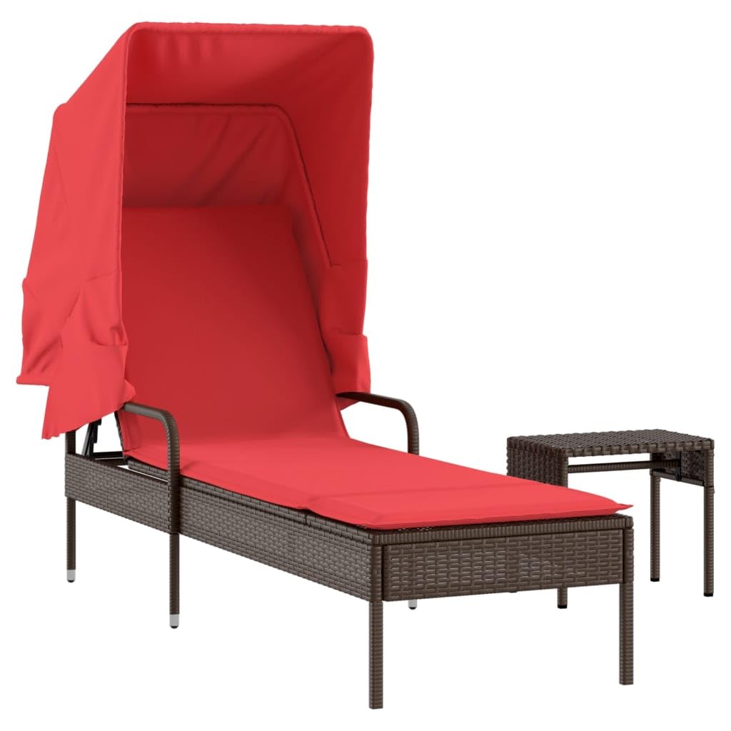 vidaXL Brown Poly Rattan Sun Lounger with Retractable Canopy, Adjustable Backrest, Cushion & Tea Table for Patio/Garden