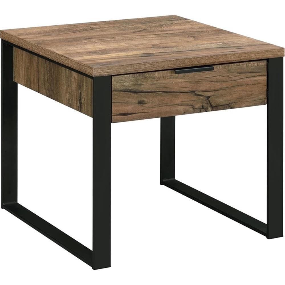 Acme Aflo Square Wooden End Table With Storage Drawer In Weathered Oak And Black