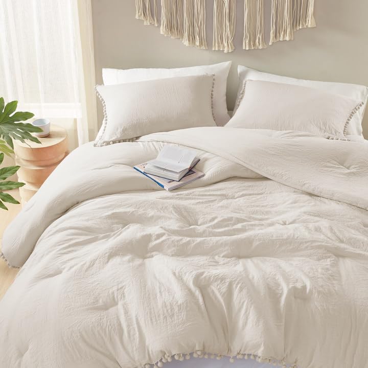 Codi Beige Comforter Set Queen - Boho Aesthetic Pom Fringe Bedding for Teen Girls, Cute Soft Washed Microfiber Taupe Bed Sets, L