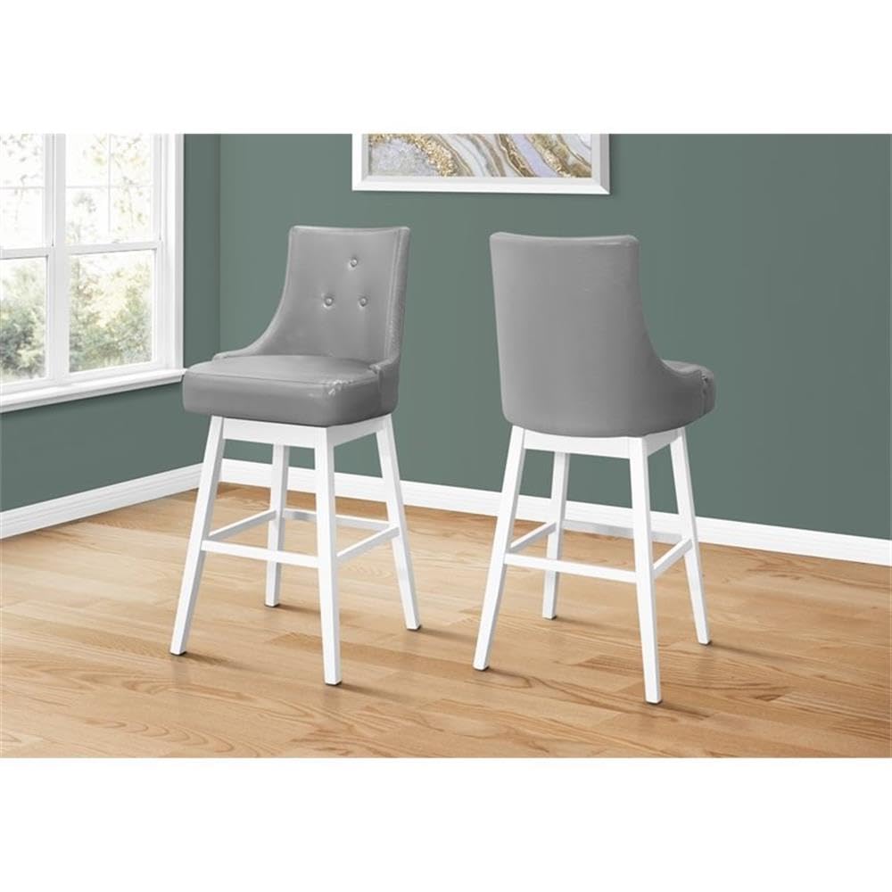 Monarch Specialties I 1243 Bar Stool, Set of 2, Swivel, Bar Height, Wood, Pu Leather Look, Grey, White, Transitional