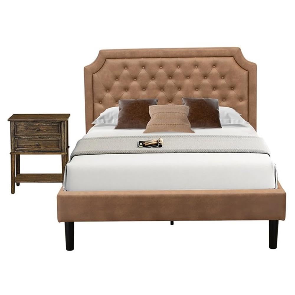 East West Furniture GB28F-1VL07 2-Pc Platform Bedroom set with Button Tufted Full Size Bed and 1 Distressed Jacobean Night Stands for Bedrooms - Brown faux Leather with Brown Texture and Black Legs