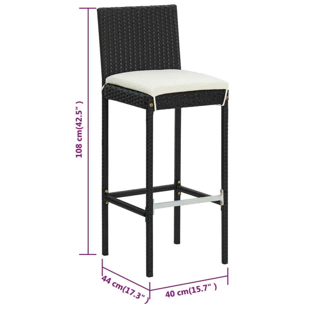 vidaXL Black Poly Rattan Bar Stools with Cushions, Weather-Resistant and Easy to Clean, Built-in Footrest, Powder-Coated Steel Frame - Set of 6