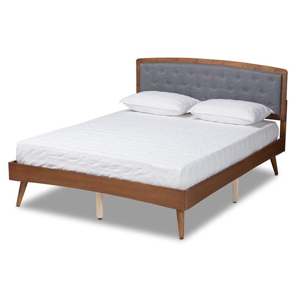 Baxton Studio Ratana Mid-Century Modern Transitional Grey Fabric Upholstered and Walnut Brown Finished Wood King Size Platform Bed