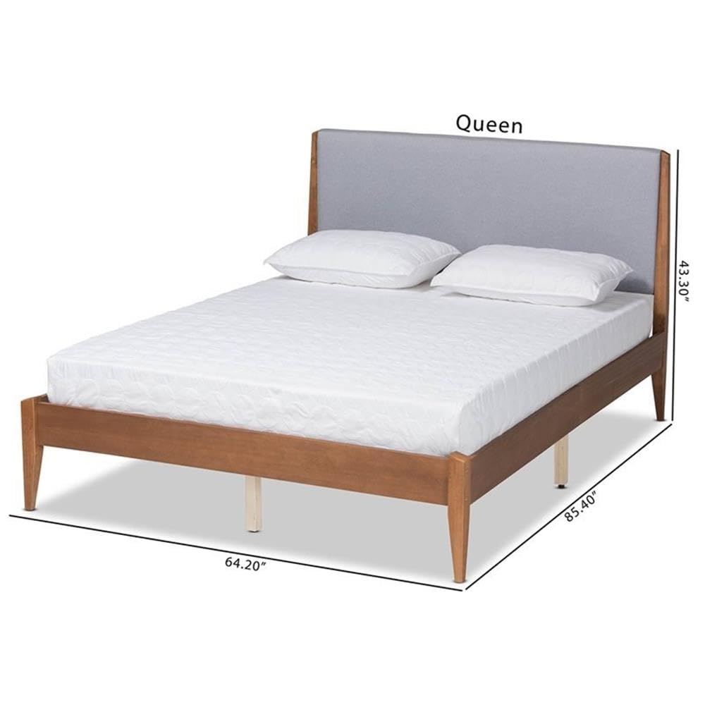 Baxton Studio Lenora Mid-Century Modern Grey Fabric Upholstered and Walnut Brown Finished Wood King Size Platform Bed