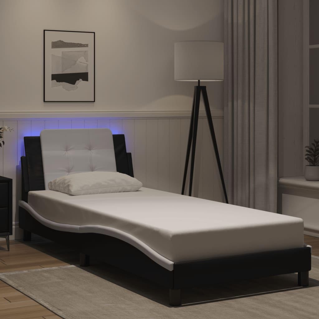 vidaXL Bed Frame w/LED Lights- Twin - Faux Leather - Black/White - Plywood Slats - Foam-Headboard - Stylish Waved Design
