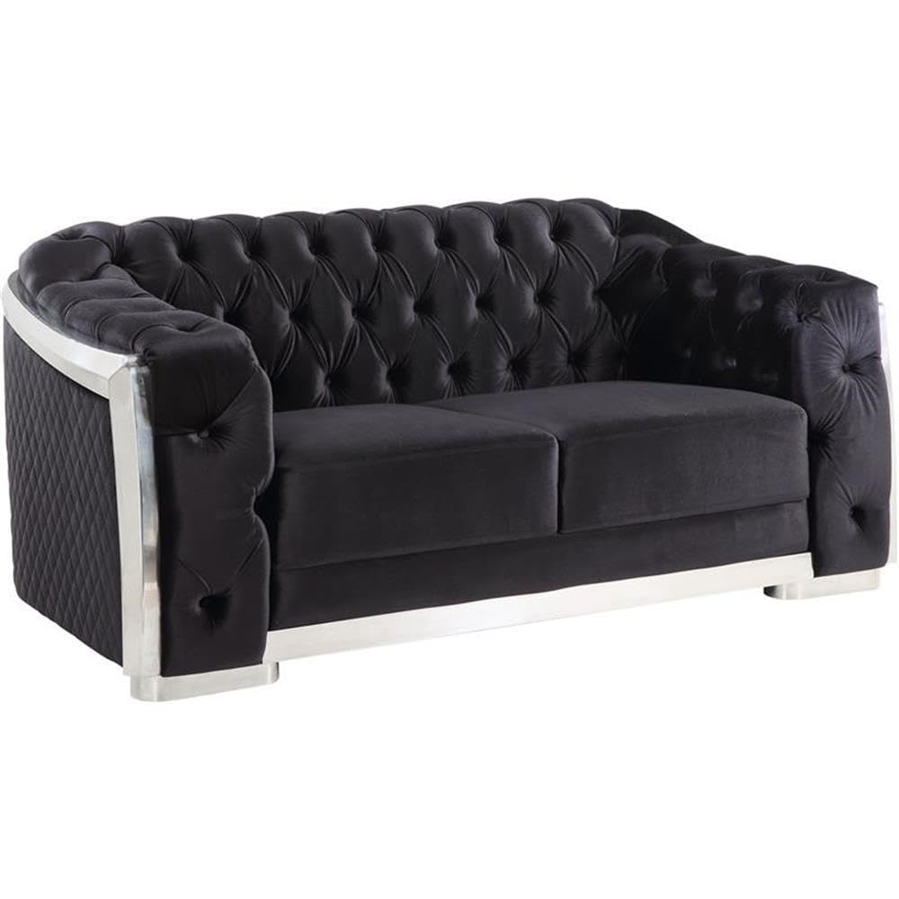 Acme Pyroden Button Tufted Velvet Upholstered Loveseat in Black and Chrome