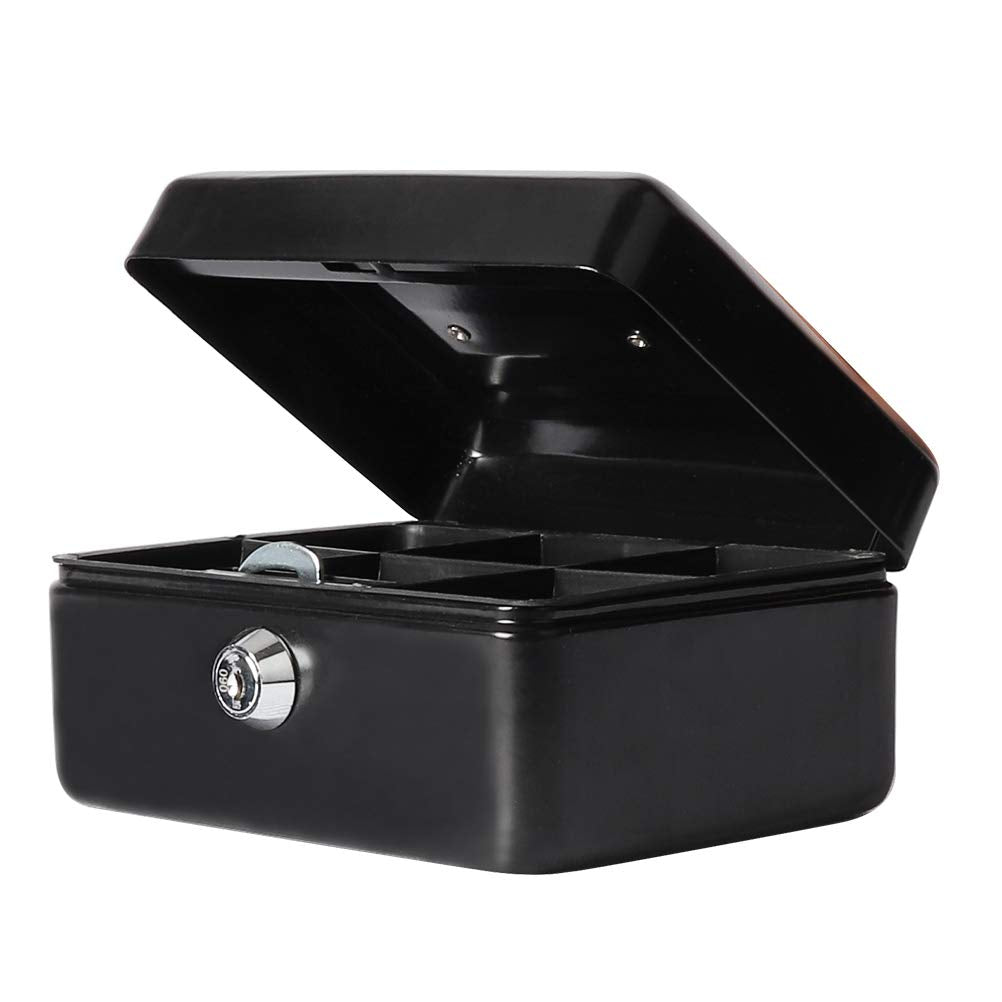Small Cash Box With Key Lock, Decaller Portable Metal Money Box With Double Layer & 2 Keys For Security, Blue, 6 1/5' X 5' X 3
