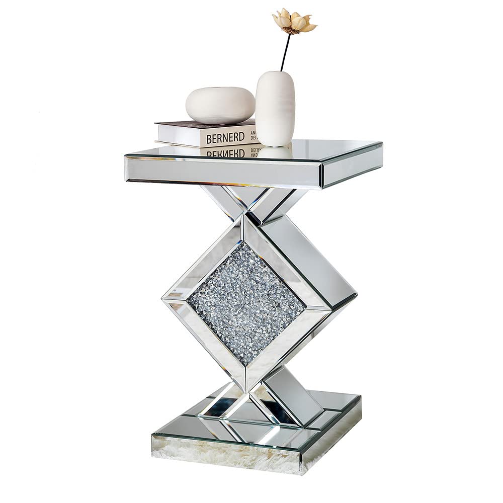 HomeRoots MDF, Glass, Crystals Diamond Silver Mirrored Side Table