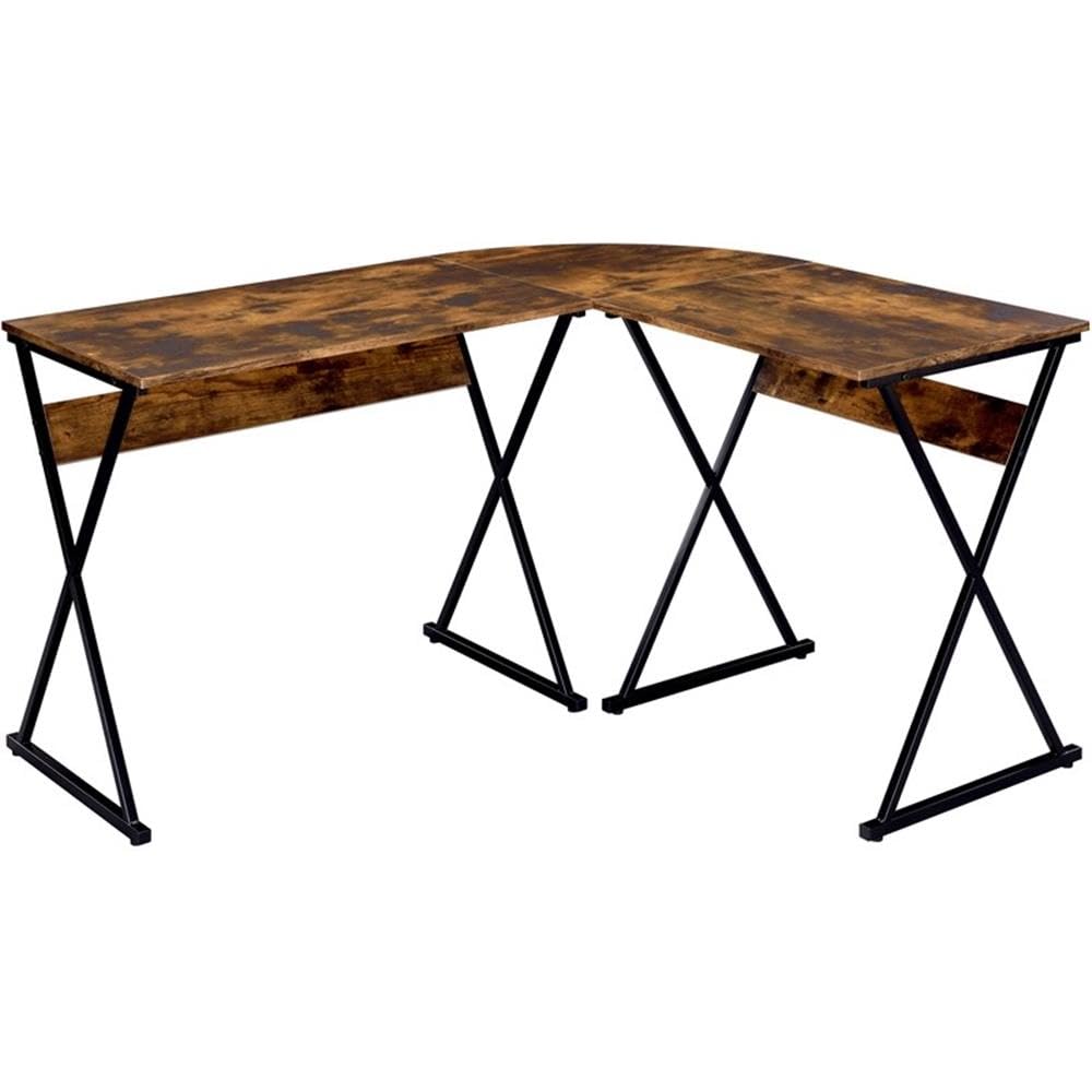 Acme Zafiri Wooden Top L-Shaped Writing Desk with X-Shaped Metal Base in Black