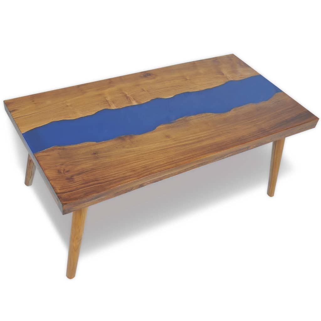 vidaXL Coffee Table with Resin Inlay, Rectangular Center Table with Lacquer Finish for Living Room, Fully Handmade, Solid Teak Wood, 39.4''x19.7''x15.8'', Brown and Blue