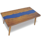vidaXL Coffee Table with Resin Inlay, Rectangular Center Table with Lacquer Finish for Living Room, Fully Handmade, Solid Teak Wood, 39.4''x19.7''x15.8'', Brown and Blue