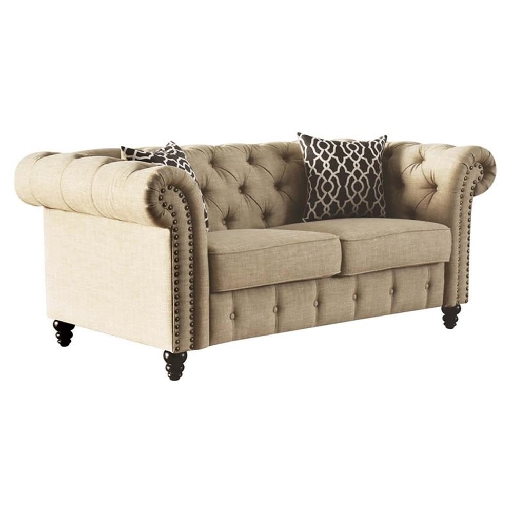 Acme Aurelia Nail-Head Trim Tufted Loveseat with 2 Pillows in Beige Linen