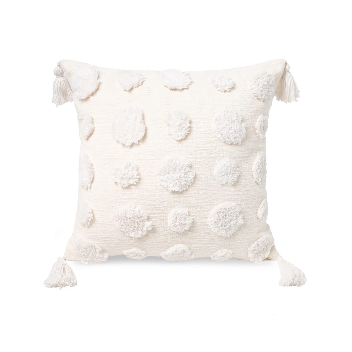 Plworld Boho White Throw Pillow Cover 18X18 Inch With Tassels, Pom Pom Tufted Decorative Cream Chenille Fabric Accent Textured C