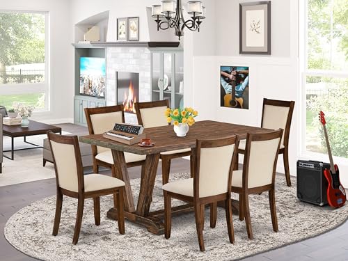 East West Furniture V776Mzn32-7 7 Piece Dining Set Consist Of A Rectangle Dining Room Table With V-Legs And 6 Light Beige Linen Fabric Upholstered Chairs, 36X60 Inch, Multi-Color