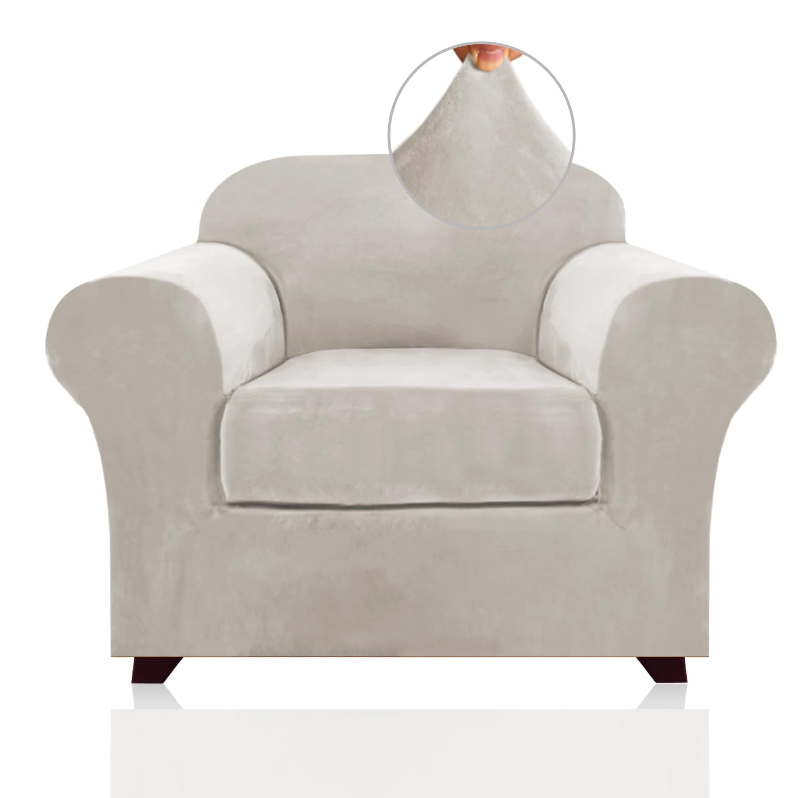 Princedeco 2 Piece Chair Cover Velvet Chair Slipcovers Soft Armchair Cover Furniture Protector With Arms Width Up To 49 Inch Chair Sofa Cover With Individual Cushion Covers(Small, Oatmeal)