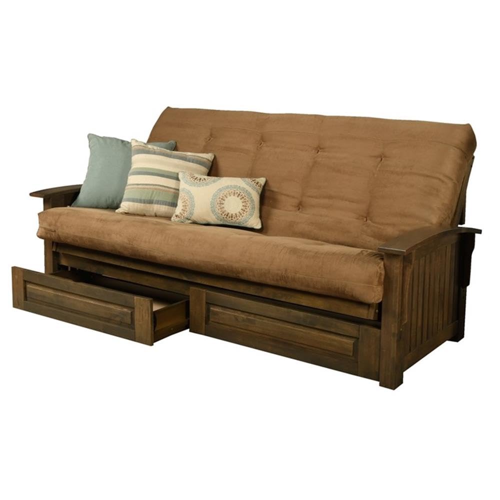 Kodiak Furniture Washington Queen Size Futon Frame with Storage Drawers - Wood Futon Frame with Mattress Included in Suede Peat Color