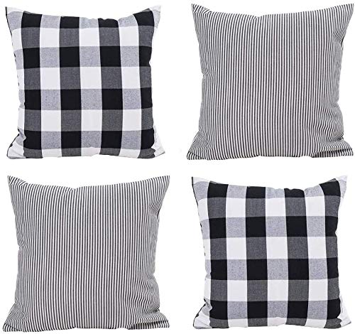 Hoplee Farmhouse Pillow Covers 16X16 Black Throw Pillow Cover With Buffalo Checker & Stripe Design Couch Pillows For Living Room