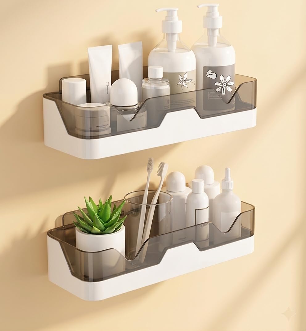 SelfAdhesive Bathroom Shelves, Waterproof, Abs Pastic, NoDrill Wall Mounted Plastic Storage Rack For Kitchen & Home, Shower Ca