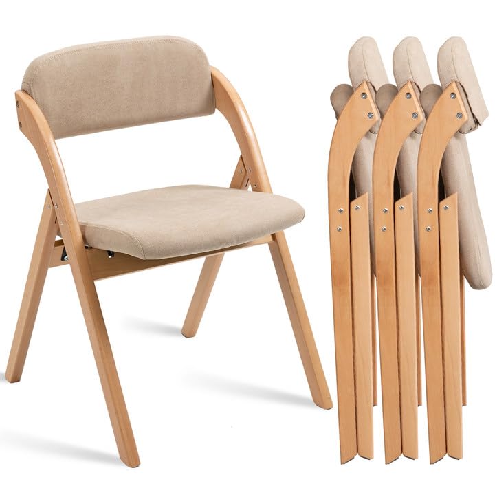 Homefun Folding Chairs With Cushion Padded Foldable Chiars 4 Pack - Wooden Dining Fold Seat With Removable Cover Extra Chair For Guests Kitchen Office Wedding Party Picnic, Khaki