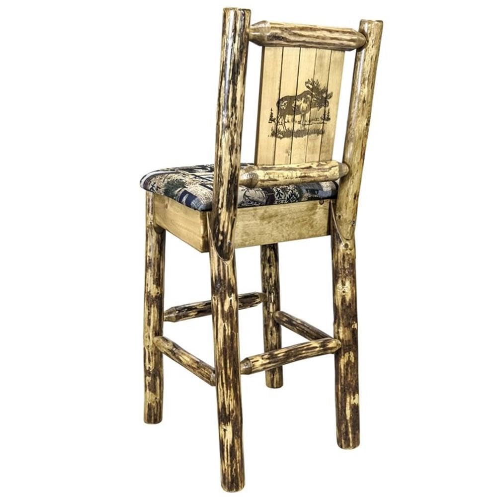 Montana Woodworks Glacier Country Collection Counter Height Barstool with Upholstered Seat, Woodland Pattern, Laser Engraved Moose Design, Stained & Lacquered
