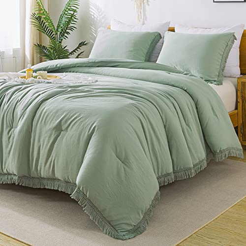 Andency Comforter King Size Bed Set Sage Green, 3 Pieces Boho Lightweight Winter Bedding Comforters & Sets, All Season Soft Tass