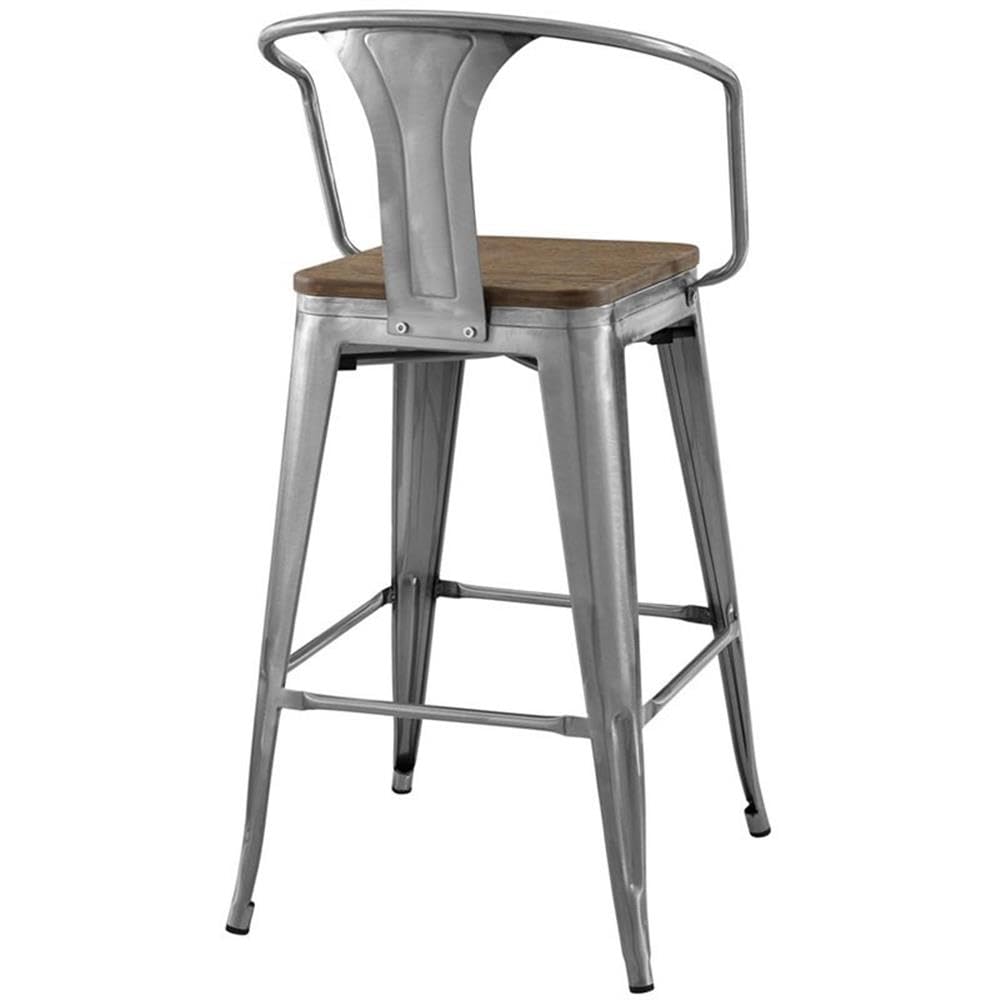 Modway Promenade Industrial Modern Steel Bistro Bar Stool With Arms And Bamboo Seat In Gunmetal