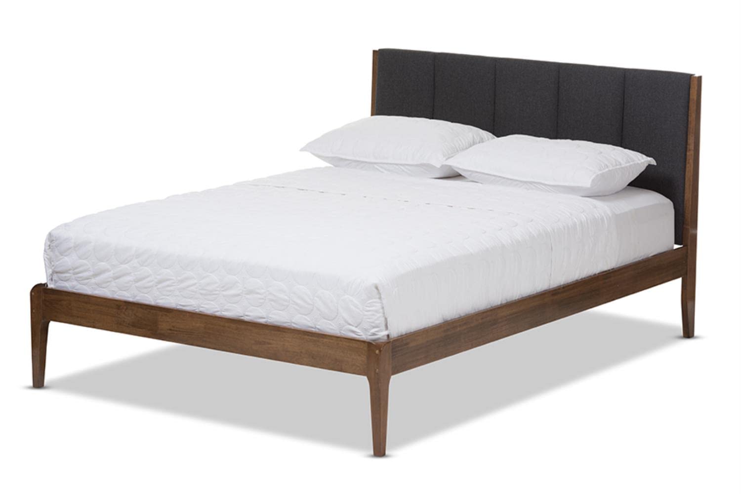 Baxton Studio Ember Mid-Century Dark Grey Fabric and Medium Brown Finish Wood Full Size Platform Bed