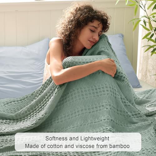 Phf Cooling Waffle Blanket Twin Size, Lightweight 60% Rayon Derived From Bamboo & 40% Cotton Breathable Blanket For Hot Sleepers, Soft And Luxury For Bed Couch And Sofa, 66'X90', Sage Green