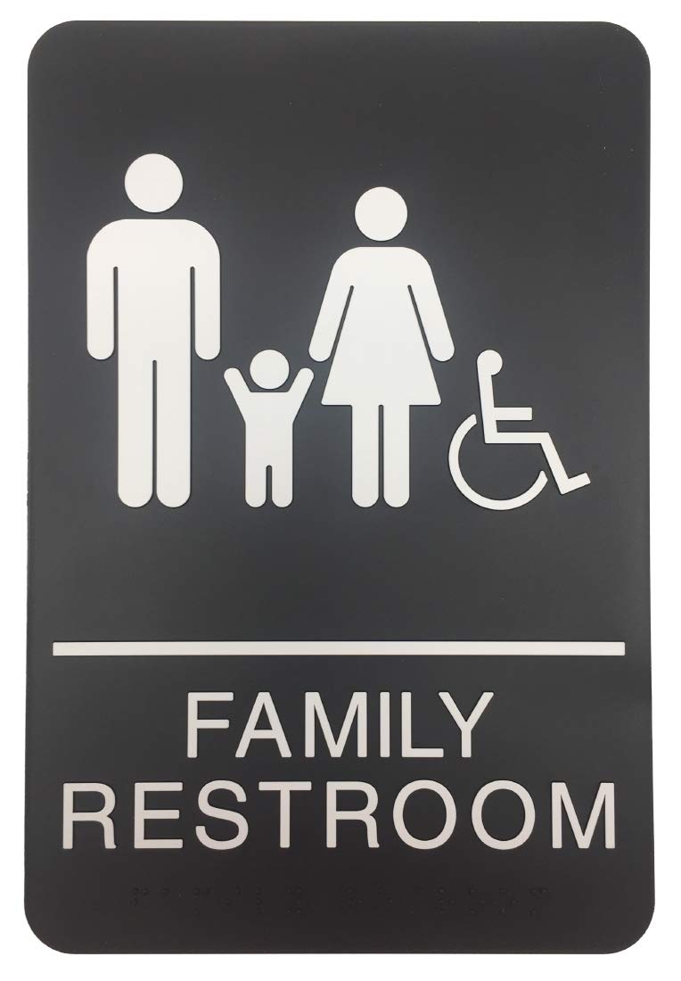 Family Accessible Ada Compliant Restroom Sign - Includes Adhesive Tape And Instructions (1 Sign, Black)