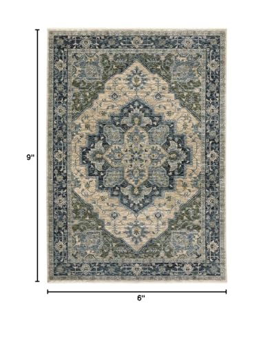 HomeRoots 508049 6 x 9 ft. Blue Gray Beige Tan Green & Gold Oriental Power Loom Stain Resistant Rectangle Area Rug with Fringe