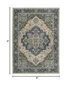 HomeRoots 508049 6 x 9 ft. Blue Gray Beige Tan Green & Gold Oriental Power Loom Stain Resistant Rectangle Area Rug with Fringe