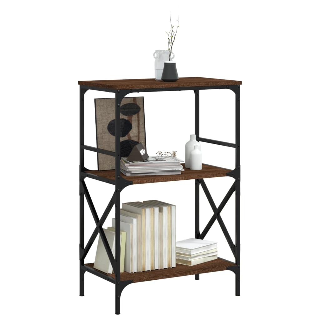 vidaXL 3-Tier Bookcase - Brown Oak and Metal Frame - Engineered Wood Construction - Freestanding Design with Adjustable Feet for Stability, 837616