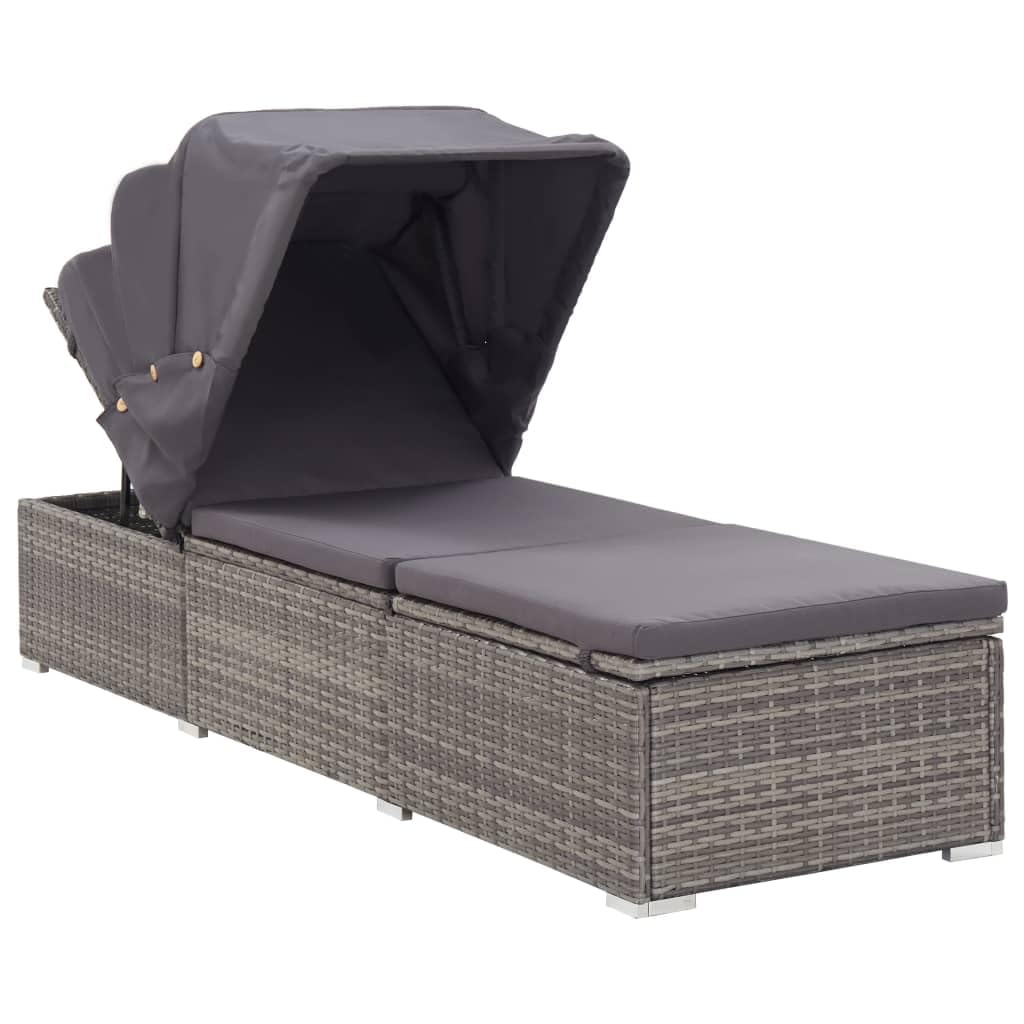 vidaXL Poly Rattan Sun Lounger with Canopy and Cushion - Weather Resistant, Easy-to-Clean Outdoor Lounger with Adjustable Positions and Removable Cushion Cover - Ideal for Patio, Poolside, Balcony...