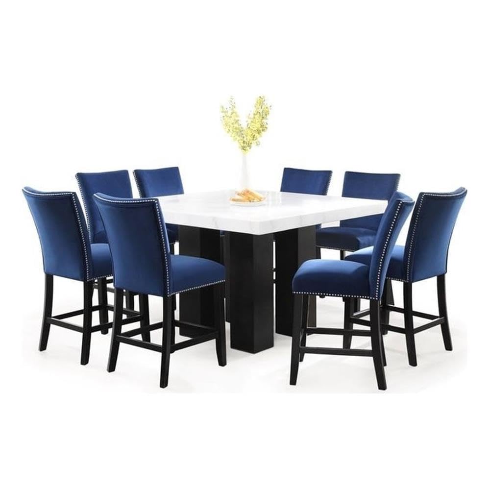 Steve Silver Company Camila 9-Piece Modern Square Marble Top Counter Height Dining Set With 4 Wide Espresso Legs, Velvet Upholstered Chairs, Comfortable Footrest, In White & Blue Finish