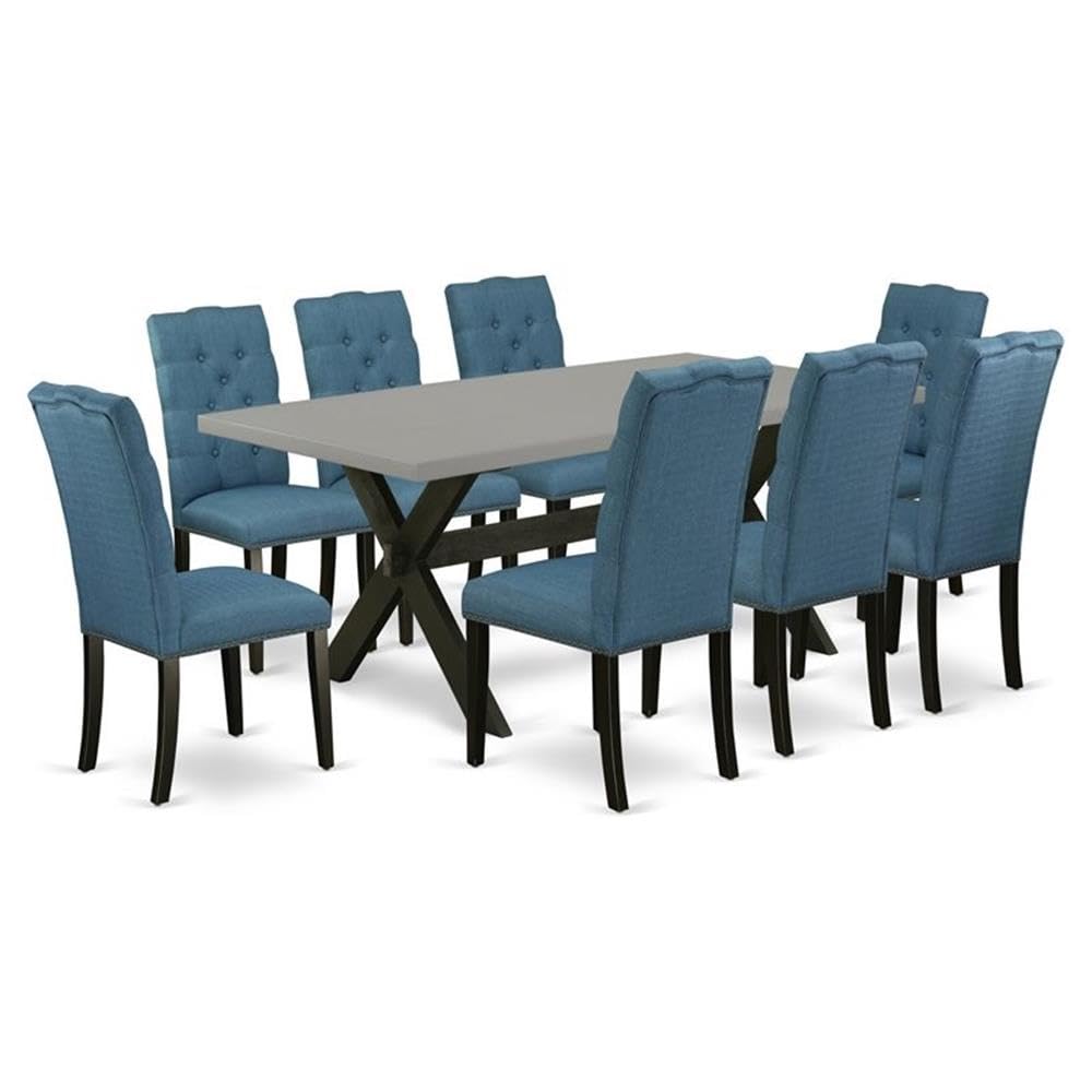 East West Furniture X697El121-9 9 Piece Dining Room Furniture Set Includes A Rectangle Dining Table With X-Legs And 8 Blue Linen Fabric Upholstered Chairs, 40X72 Inch, Multi-Color