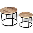 vidaXL Round Coffee Table Set of 2, Made of Rough Mango Wood, Industrial Style, Handcrafted with Iron Frame, Vintage Charm