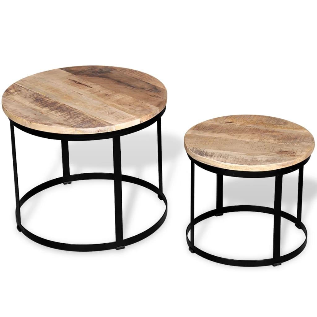 vidaXL Round Coffee Table Set of 2, Made of Rough Mango Wood, Industrial Style, Handcrafted with Iron Frame, Vintage Charm