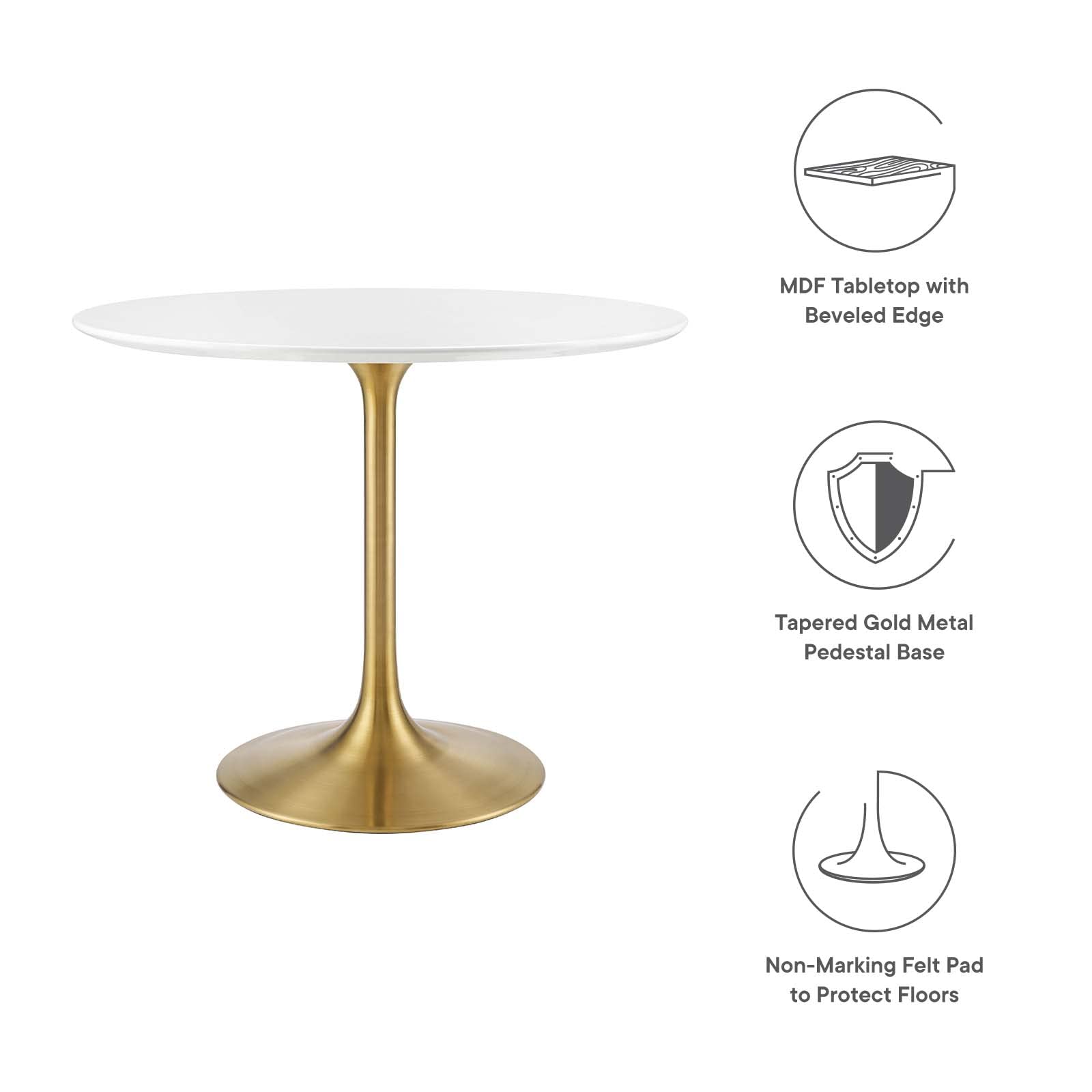 Modway Lippa 36" Mid-Century Modern Dining Table With Round Top In Gold White