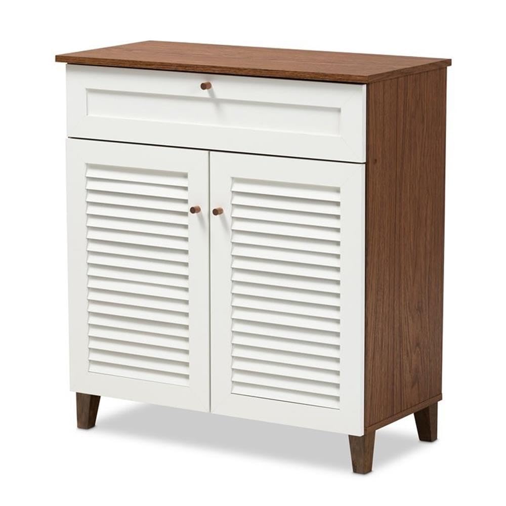 Baxton Studio Coolidge White And Walnut 4-Shelf Wood Shoe Cabinet With Drawer