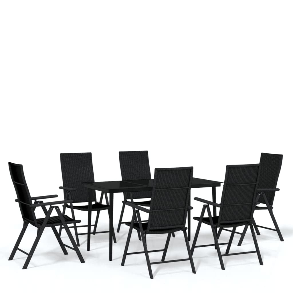 vidaXL 7-Piece Patio Dining Set - Black Garden Outdoor Furniture, Powder-Coated Steel Frame with Glass Tabletop, Reclinable PE Rattan Chairs