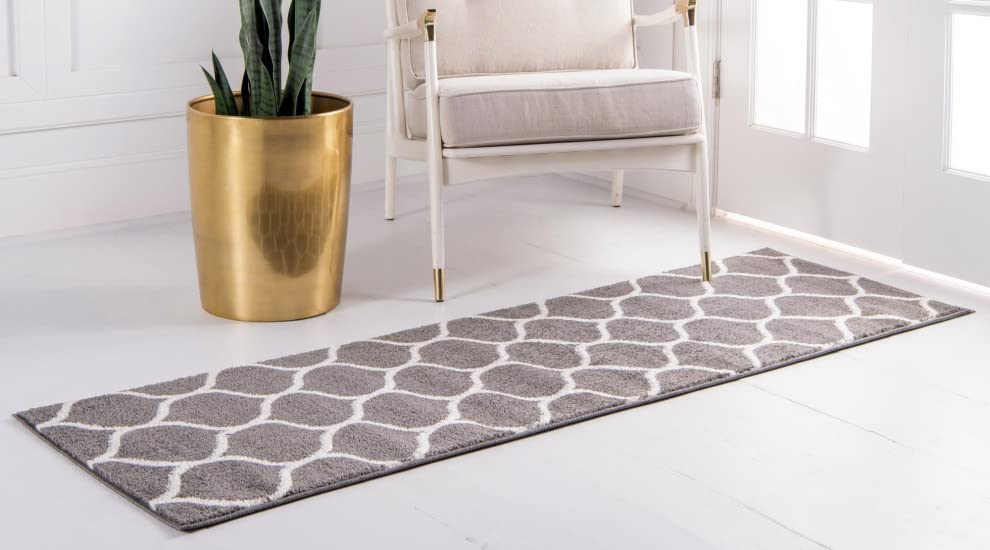Unique Loom Trellis Frieze Collection Area Rug - Rounded (2' X 8' 8'' Runner, Dark Gray/ Ivory)
