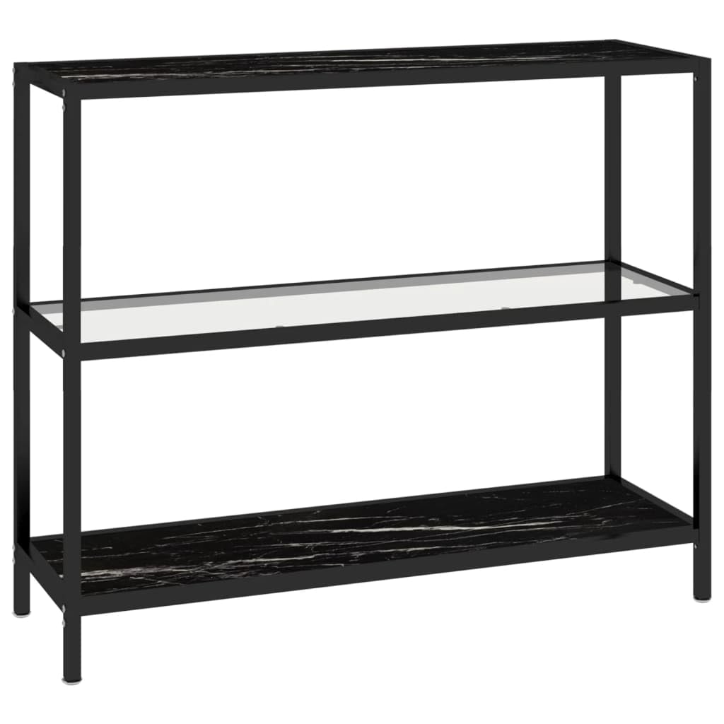 vidaXL Shelf in Transparent and Black Marble, Tempered Glass and Iron Construction, Versatile Corner Display Shelf for Home and Office, Measures 39.4"x14.2"x35.4"
