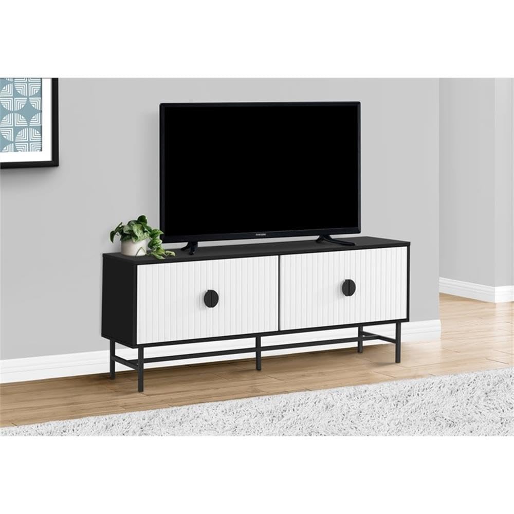 Monarch Specialties 2732, 60 Inch, Console, Media Entertainment Center, Storage Cabinet, Living Room, Bedroom, Black and White Laminate, Metal 1 Tv Stand, 59' L x 15.5' W x 23.75' H