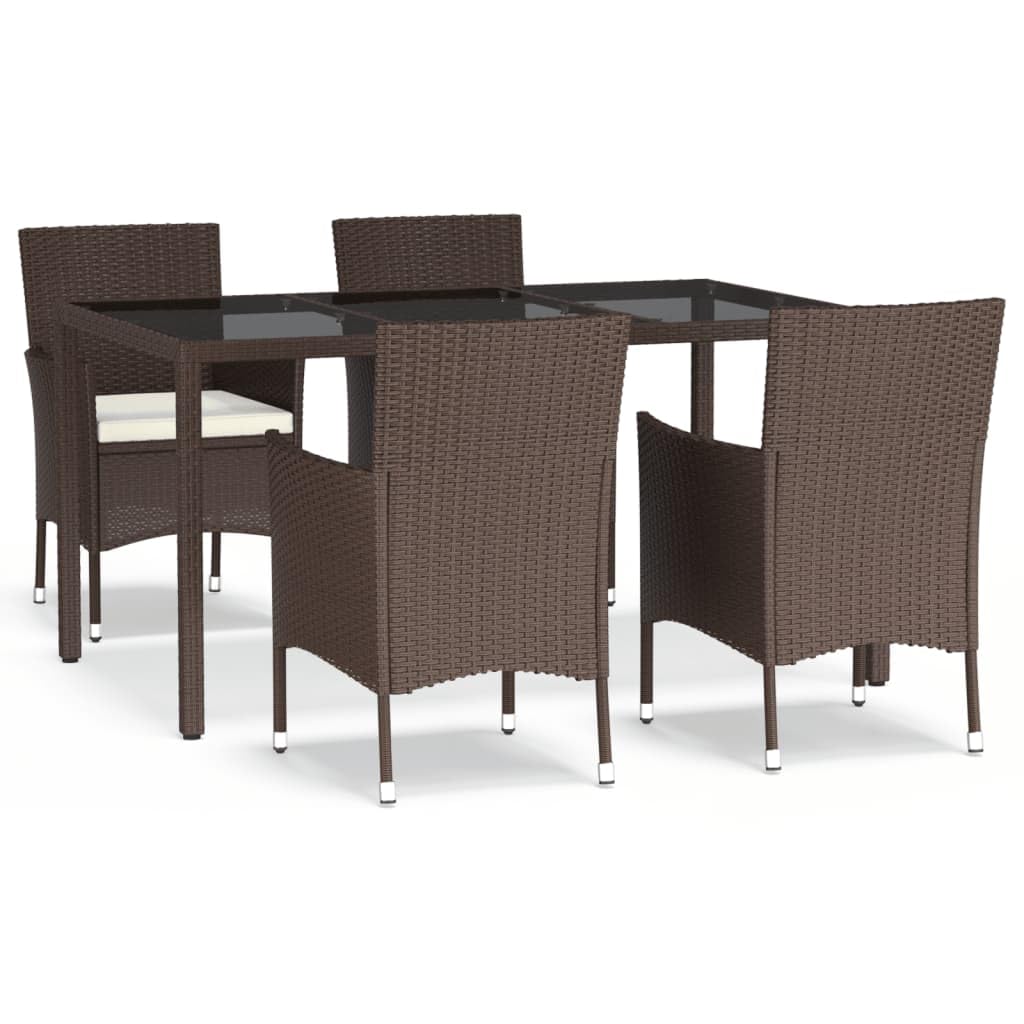 vidaXL - 5 Piece Brown Patio Dining Set with Cushions - Poly Rattan Outdoor Furniture, Tempered Glass Tabletop & Padded Chairs for Garden/Deck/Patio