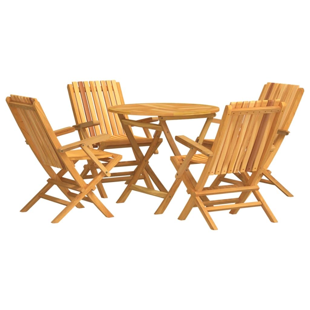 vidaXL 5-Piece Teak Wood Patio Dining Set - Scandinavian Style Outdoor Foldable Furniture with Solid Construction, Parasol Hole Feature - for Deck, Garden, Patio